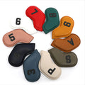 Set of ten colourful digitally printed golf club head covers made from PU material.