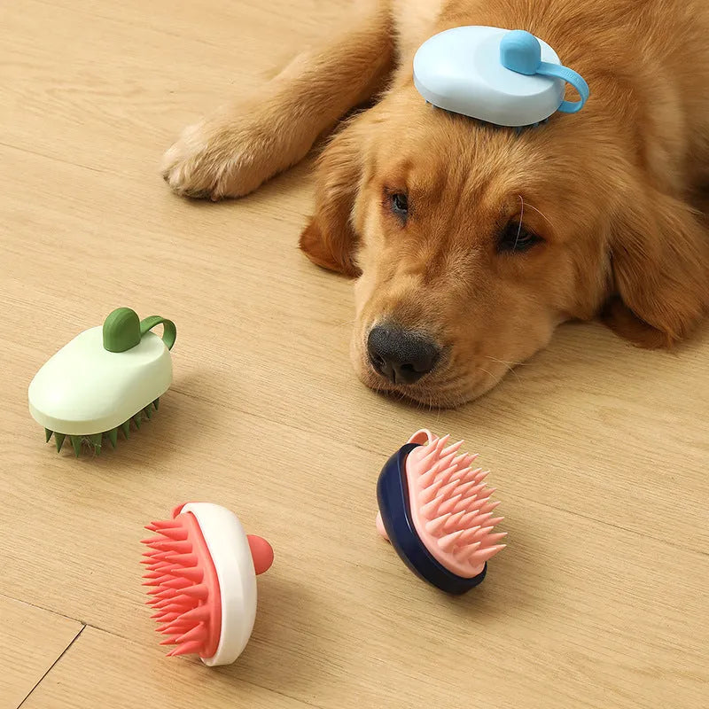 Handheld pet grooming brush for dogs with soft silicone bristles in four colour options