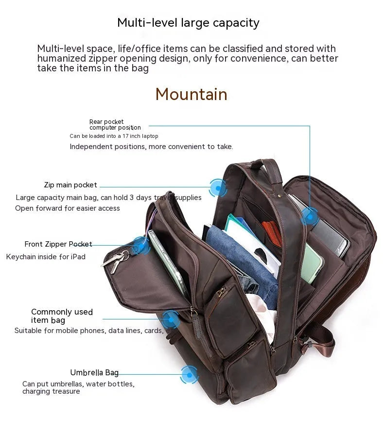 Dark brown genuine leather backpack for a 17-inch laptop, showing multiple pockets and double shoulder straps.