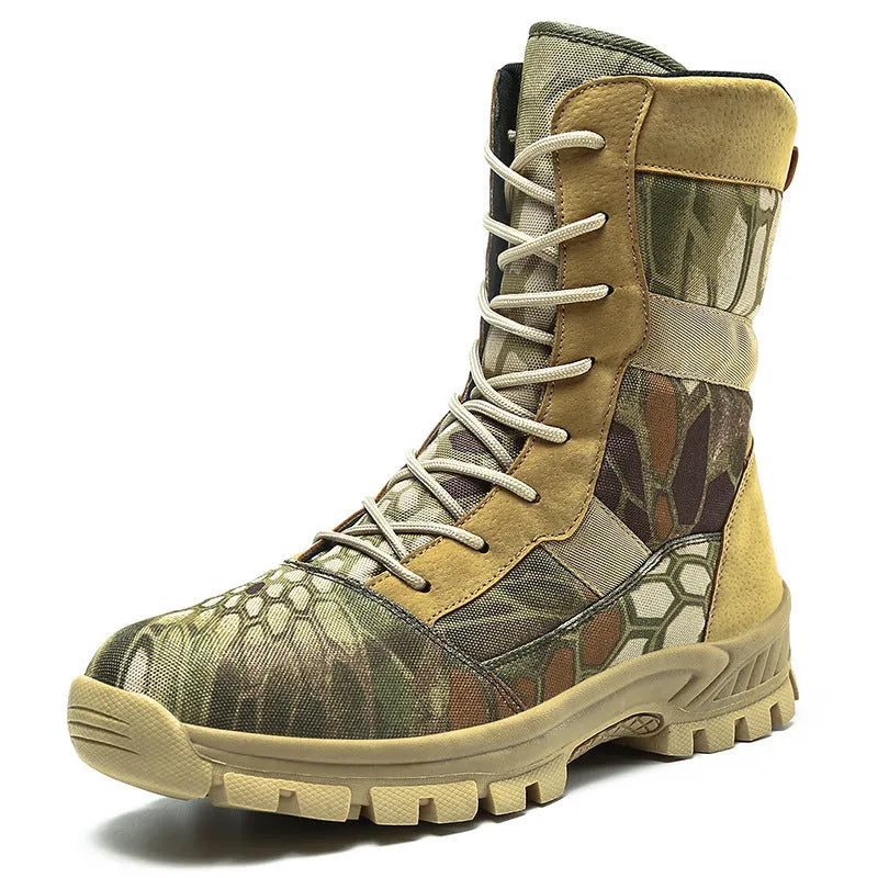 Plus size men's high-top mesh Martin combat boots in black or camouflage with totem pattern