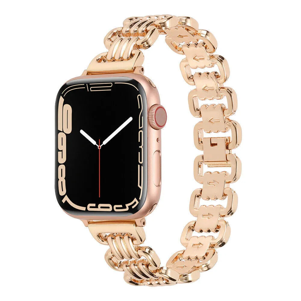 Silver alloy metal bracelet strap for Apple Watch on a grey background.