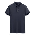 Short-sleeved lapel collar t-shirt in mulberry silk cotton blend on a hanger, showing mosaic detail.