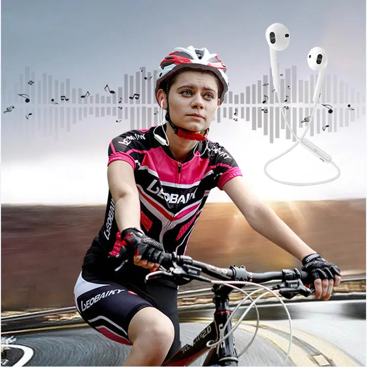 Mini sports portable binaural stereo Bluetooth headphones in black with USB charging cable