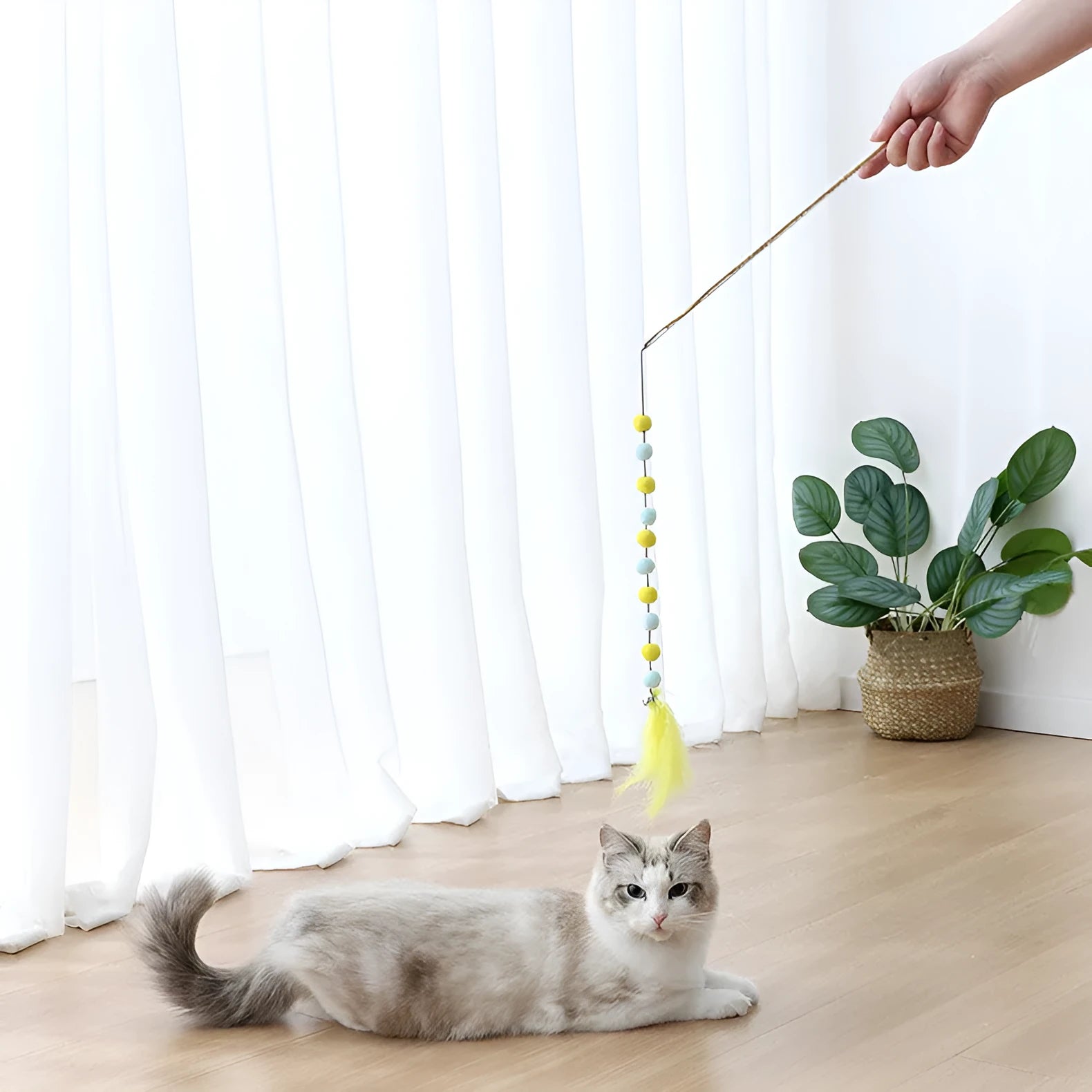 Cat toy teaser stick with plush ball and feathers, approximately 31 cm long, on a plain background.