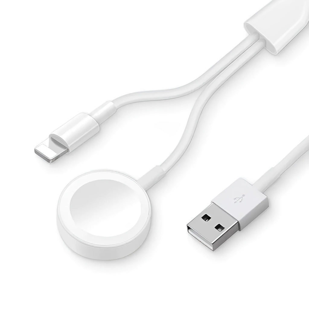 White two-in-one wireless smartwatch charger with USB connection port