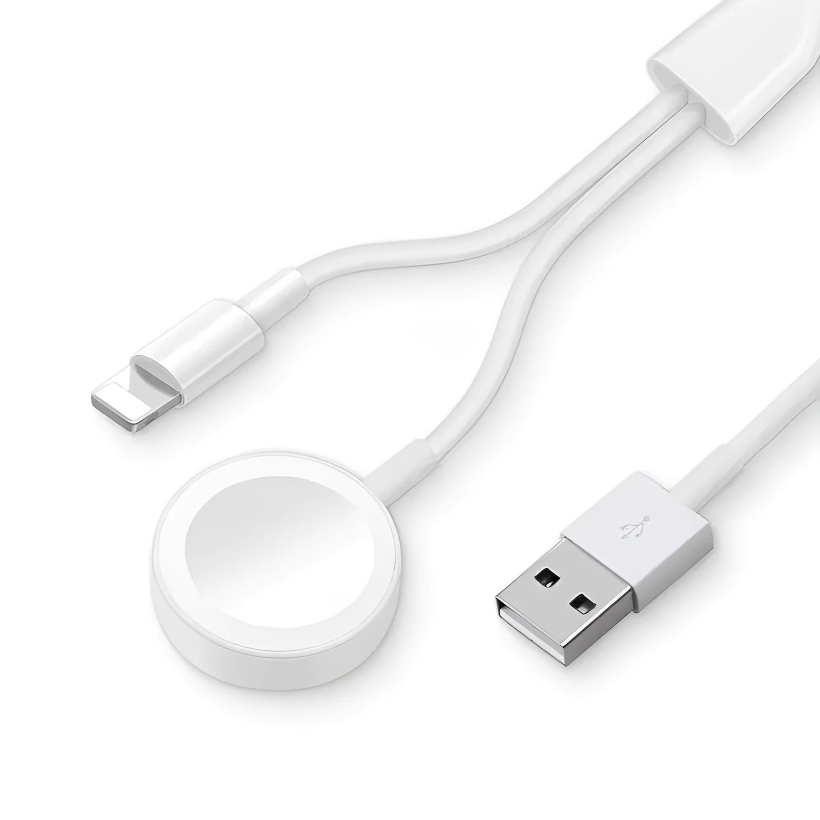 White two-in-one wireless smartwatch charger with USB connection port