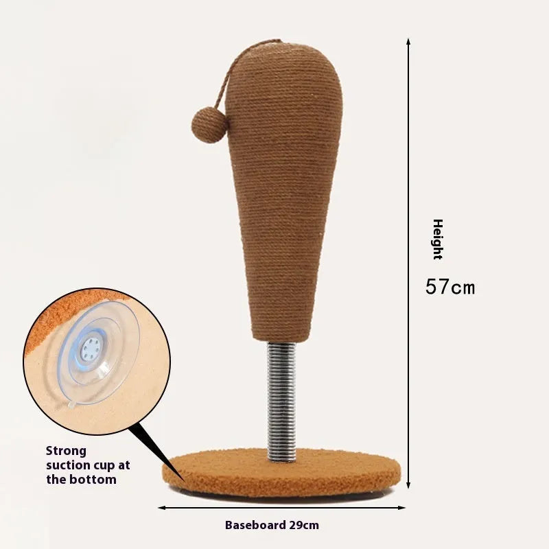 Natural hemp rope cat scratch board with attached toy ball on a wooden floor.
