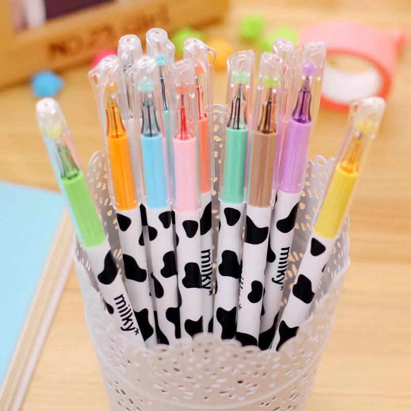 Box of 12 cow print gel pens with a 0.38mm fine tip in assorted colours.