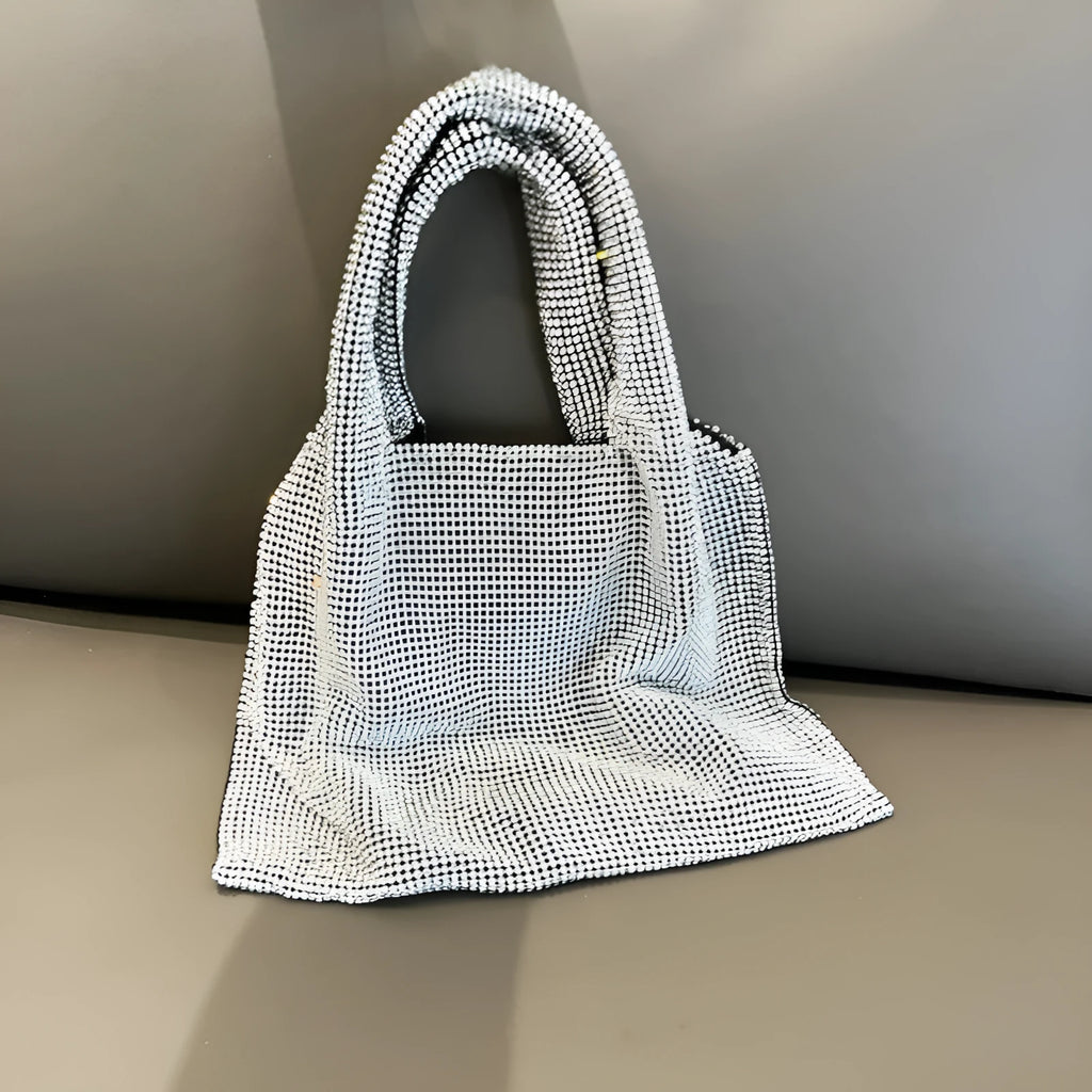 Silver handbag with rhinestone decoration made from cotton thread, open pocket design