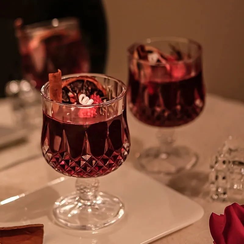 Glass wine goblet containing mulled wine scented candle with crystal jelly wax