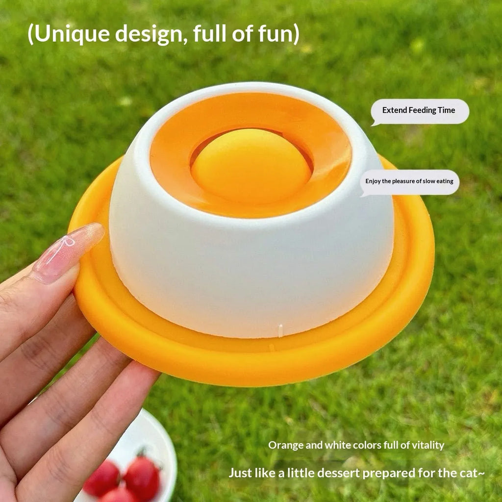 Anti-spill slow feeder cat toy in yellow, chew-resistant treat dispenser for boredom buster play
