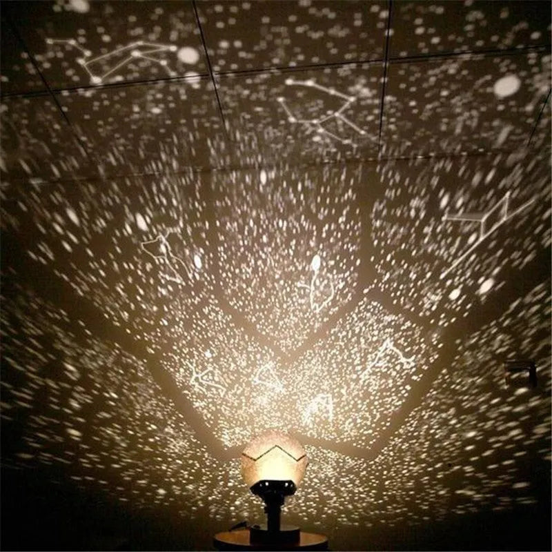 LED constellation projector night light showing star projection on bedroom ceiling with remote control