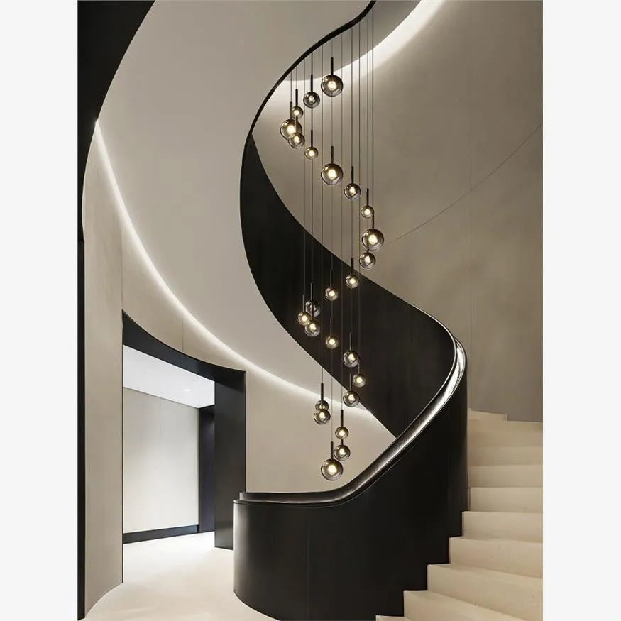 Glass chandelier long rotating staircase chandelier three heads Shiny Black simple modern design