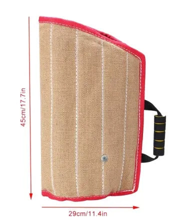 Yellow dog training bite sleeve made of thick linen and cotton felt with external handle, 45x26x13 cm, for medium-sized young dogs