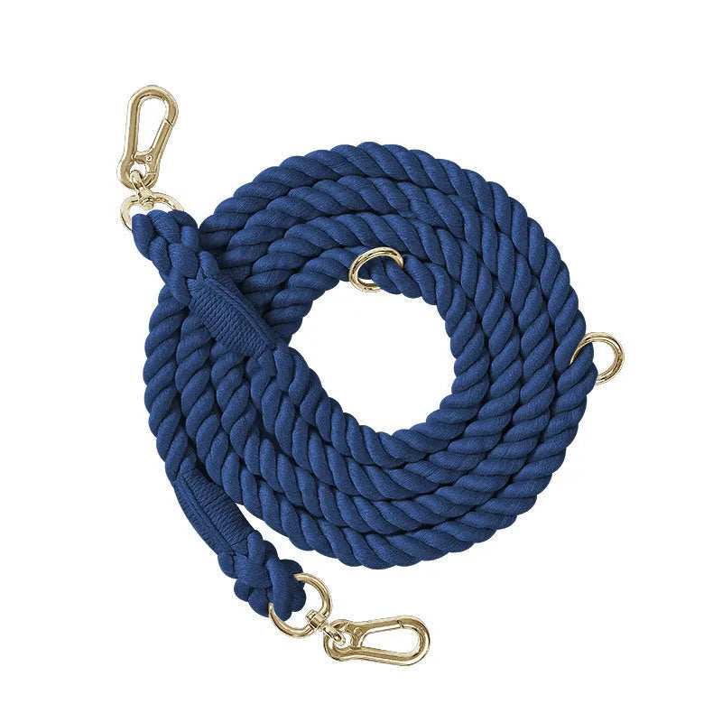 Woven rainbow coloured dog leash with clips at both ends, shown in a choice of colours with silver or gold fittings.