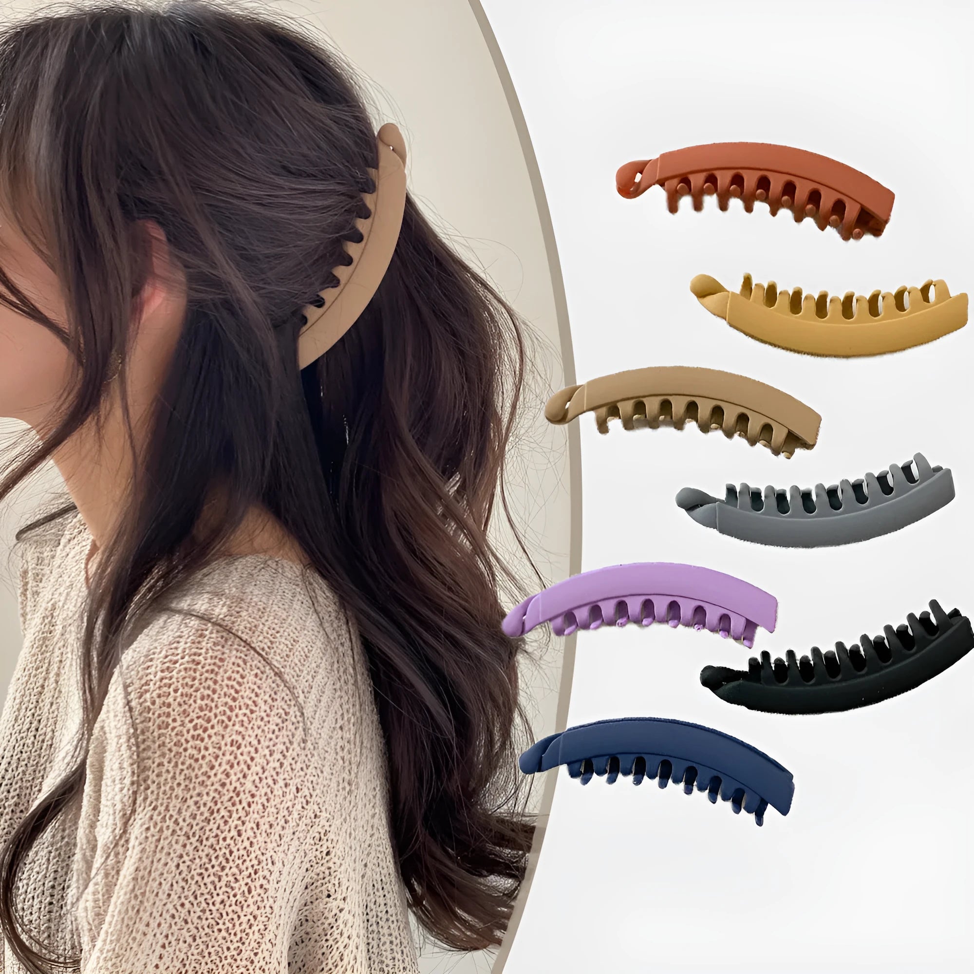 Banana hair clip claw with matte finish in black showing U-shaped design and oversized teeth