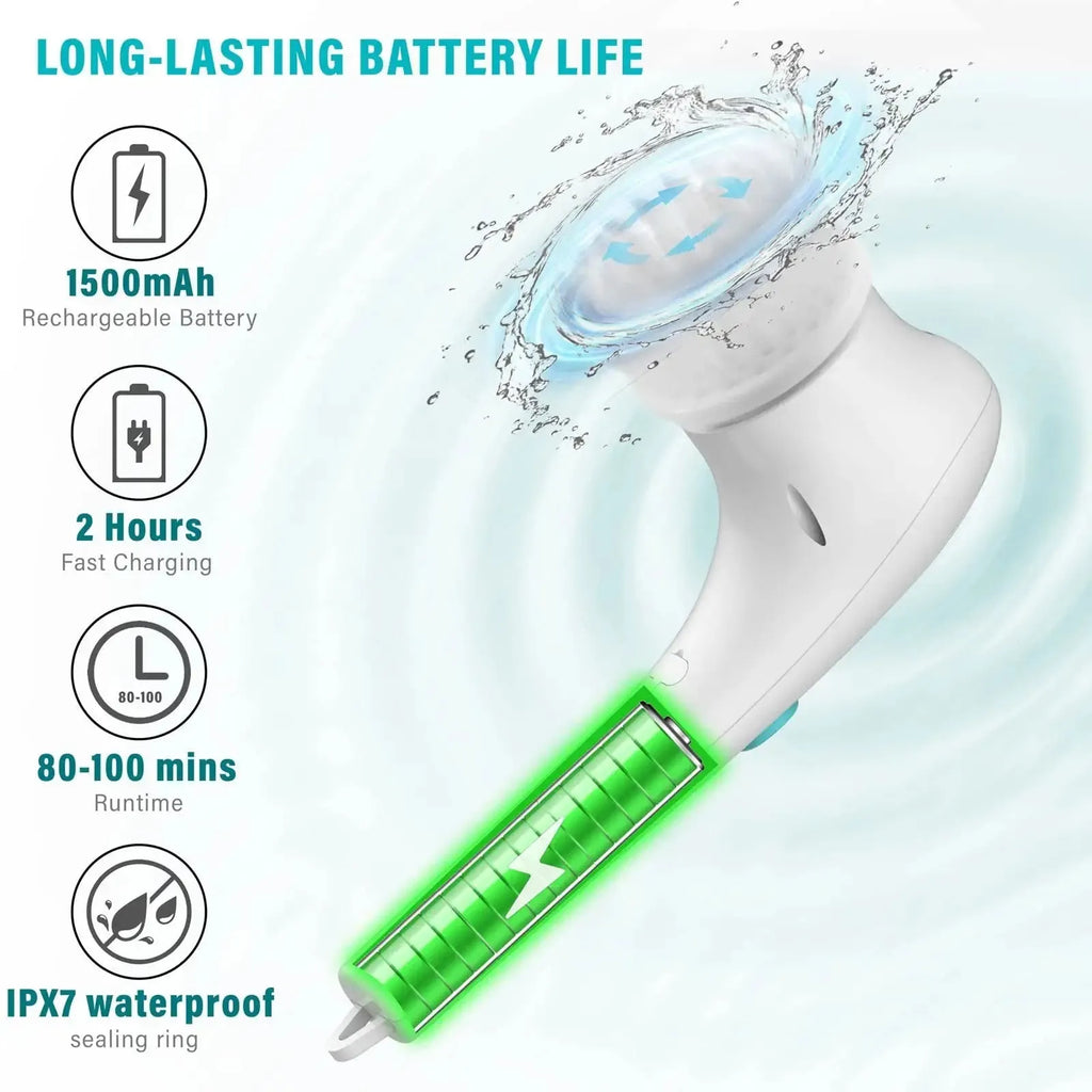 White cordless electric handheld scrubber with five attached brush heads on a table next to a USB charging cable.