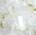 White RJ45 network modular plug with gold-plated contacts for Ethernet cable termination