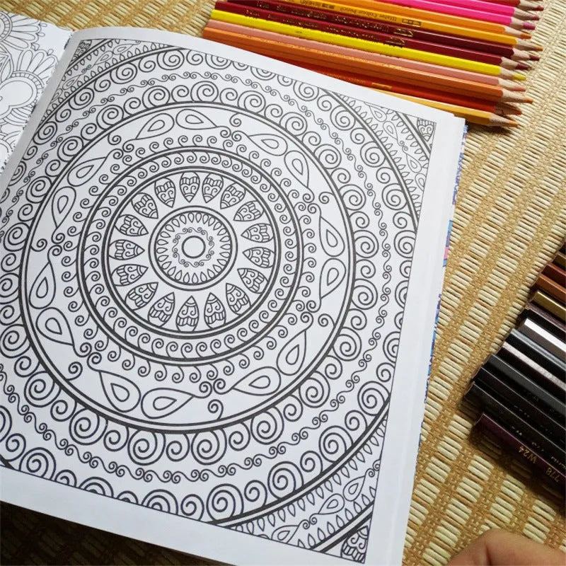 Square 21cm mandala colouring book with soft cover binder binding, shown open to a detailed pattern.