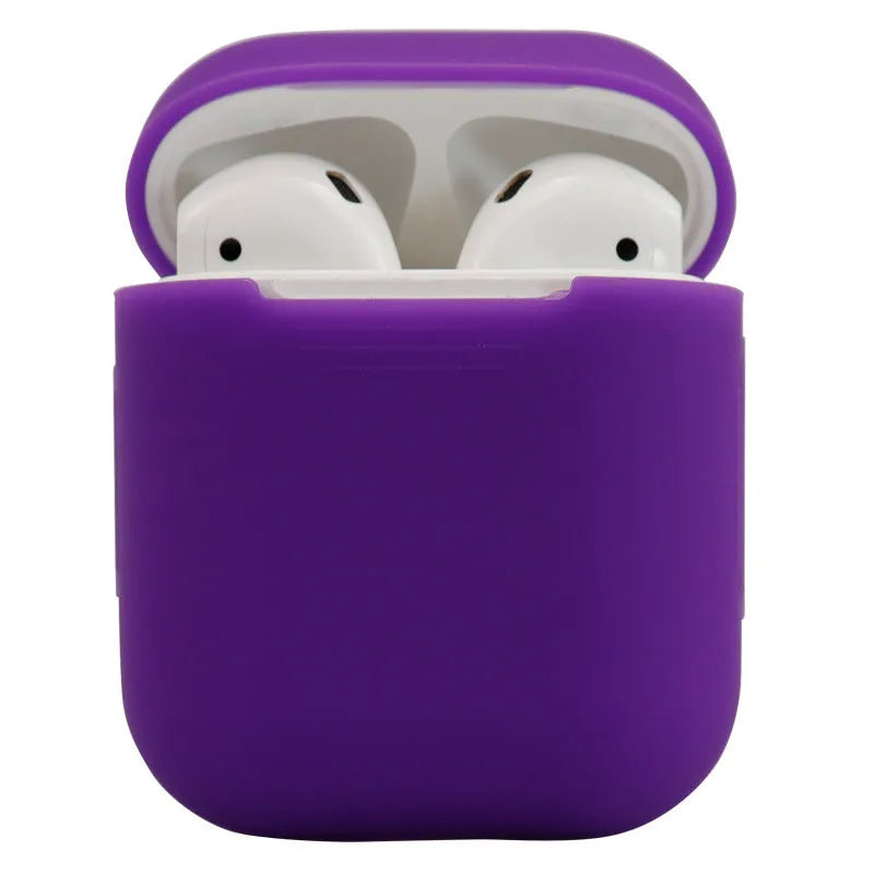 Silicone protective case for Apple AirPods shown in multiple colours, with dimensions 56mm by 47mm.