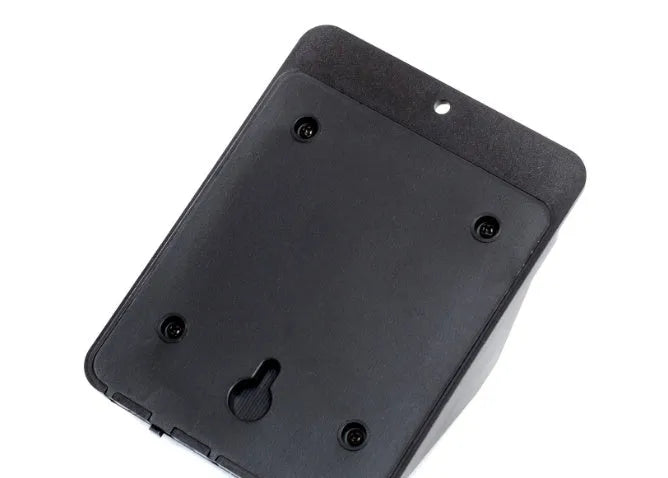 Two white outdoor solar LED security lights with four LEDs each, mounted on a wall bracket.