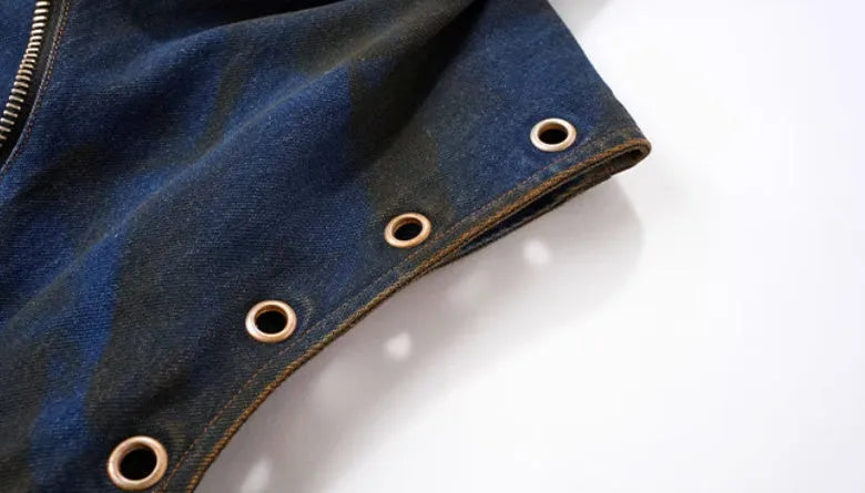 Blue hooded denim vest coat with matching trousers in Korean heavy industry deconstructs style