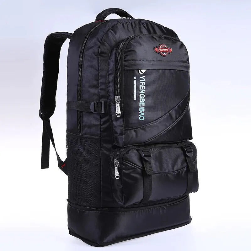 Men's simple outdoor sports large-capacity backpack in black, 56-75 litre nylon, 17x37x64 cm