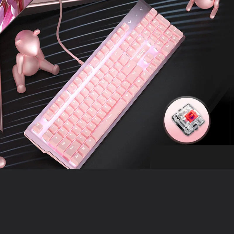 Pink 104-key mechanical keyboard with USB cable, showing full key layout.