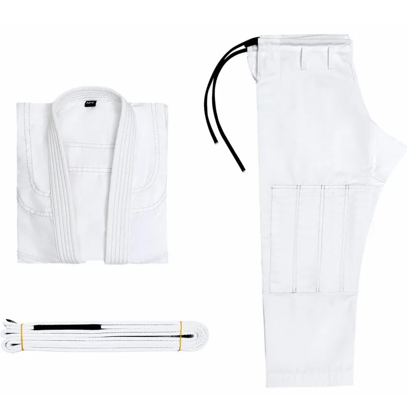 Thin cotton blend Brazilian Jiu-Jitsu uniform in black, showing the top and trousers for adult training.