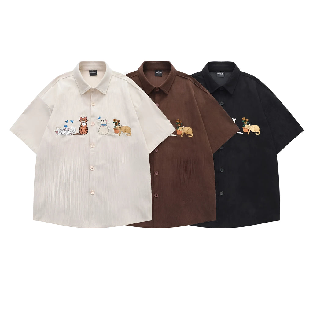 Loose fit cartoon pattern embroidery shirt in apricot colour, cardigan style.