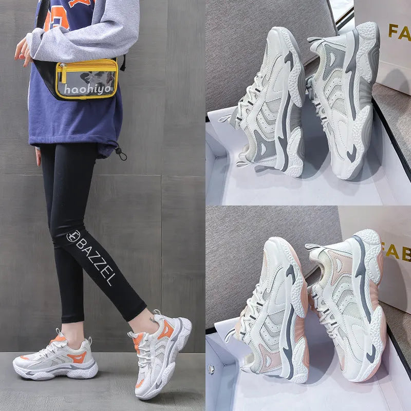 Women's breathable single mesh platform casual sports shoes in grey, pink, and orange with round toe and stitching detail