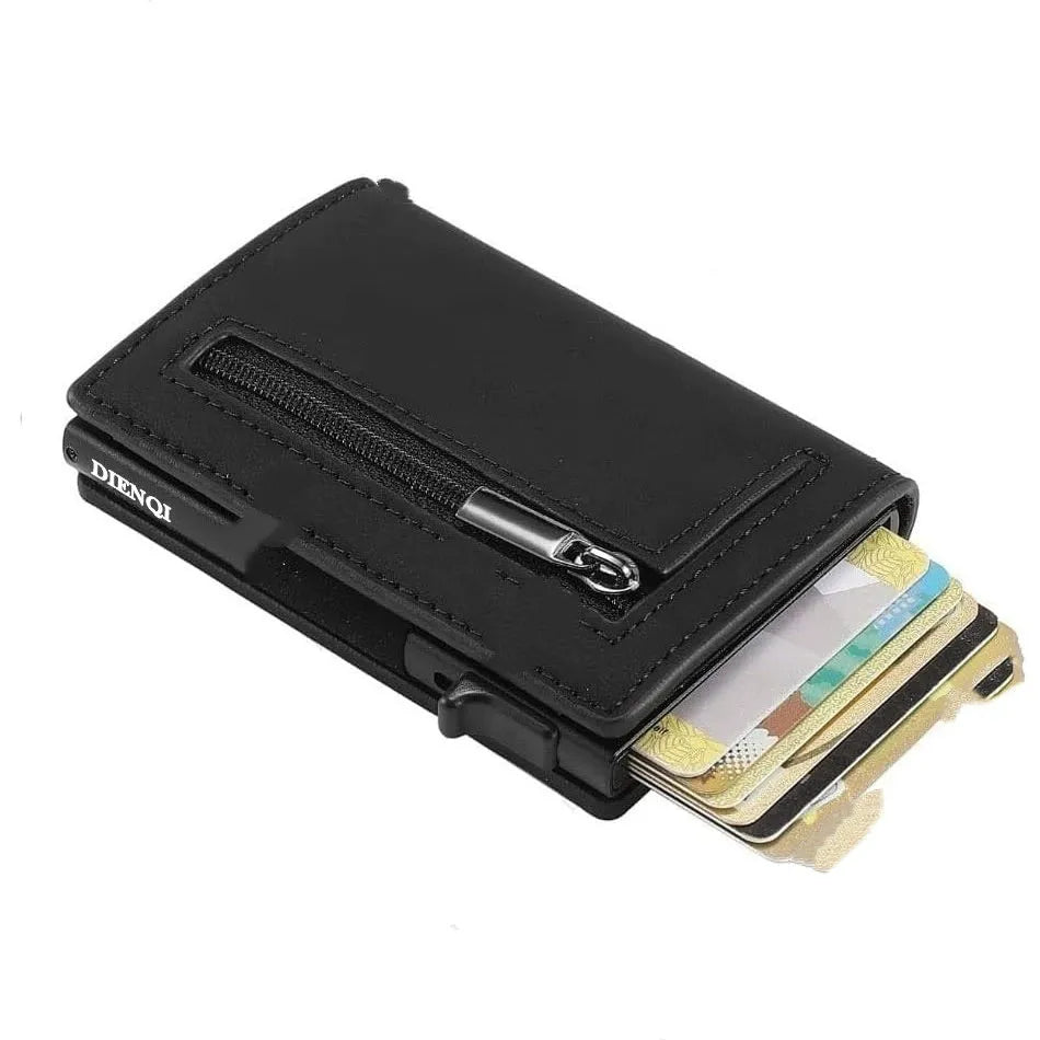 Genuine leather men's wallet with carbon fiber pattern, black finish, anti-theft card protection