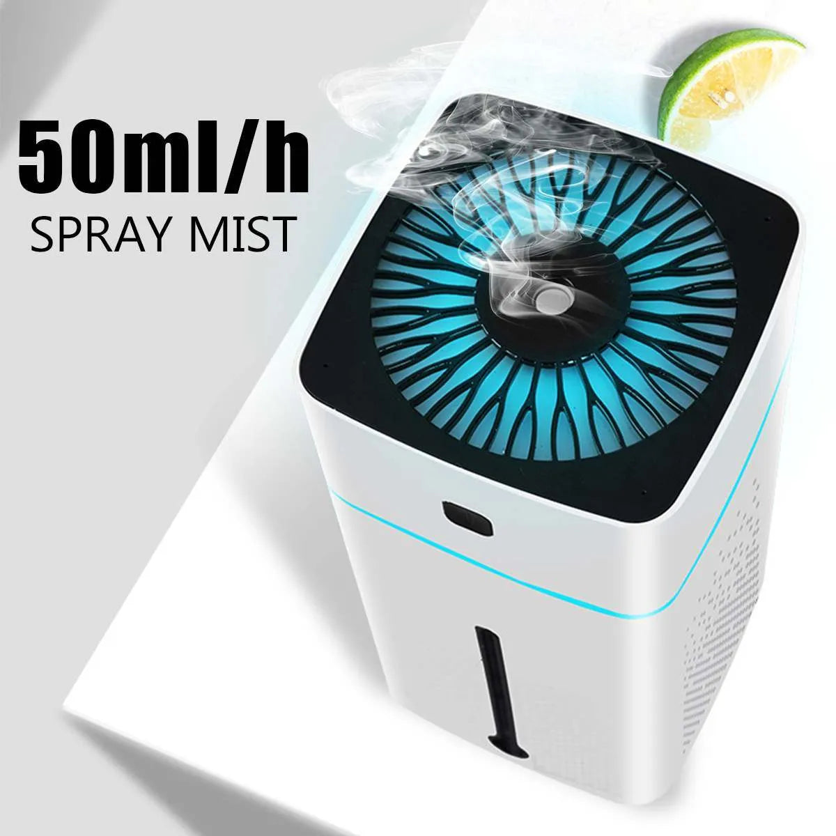 Black and white desktop USB humidifier with 1000ml water tank on a wooden desk.