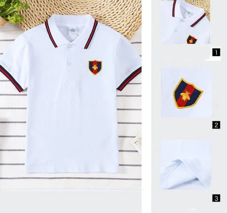 Boys' short sleeve cotton T-shirt with lapel collar in solid colours for ages 3-8 years