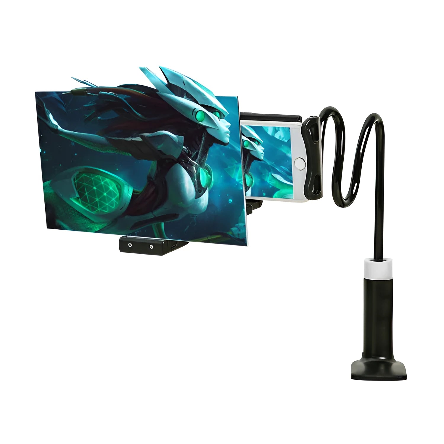 Black mobile phone screen amplifier with adjustable bracket showing 12-inch acrylic magnification lens