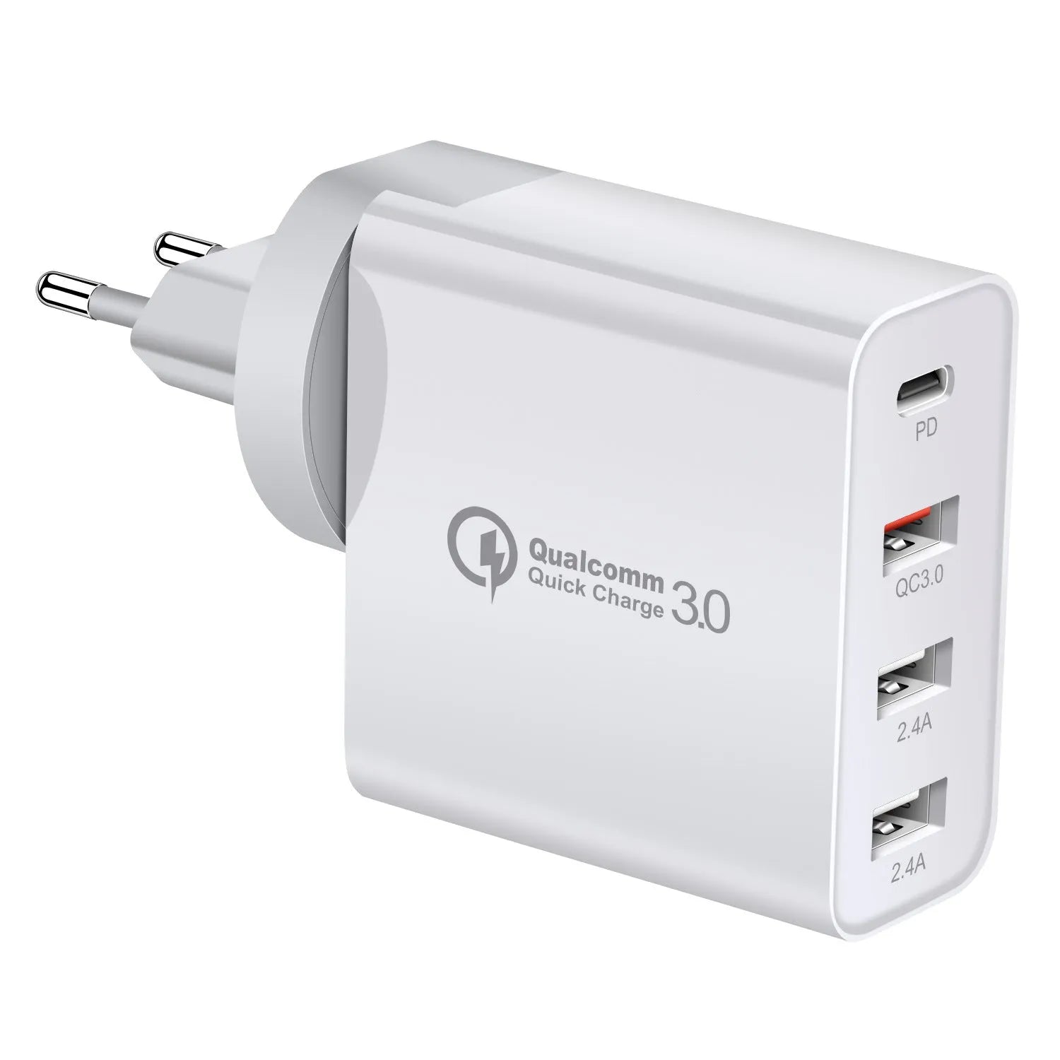 Black 48W USB-C four-port fast wall charger with UK plug on a wooden surface