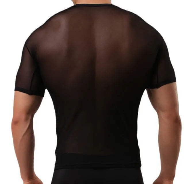 Men's slim fit mesh transparent t-shirt in solid colour on a model.