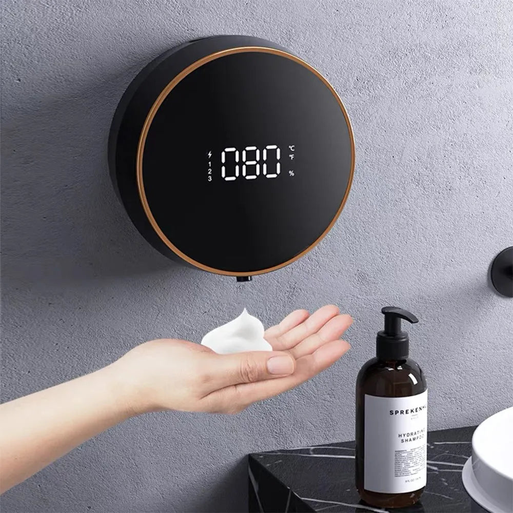 A black wall-mounted automatic foam soap dispenser with a sensor and USB charging port.