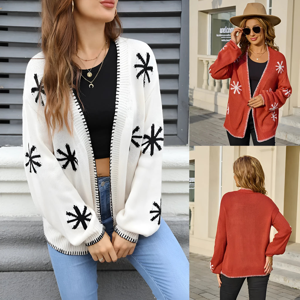 Beige plus size women's knitted coat with floral jacquard pattern and off-neck collar.