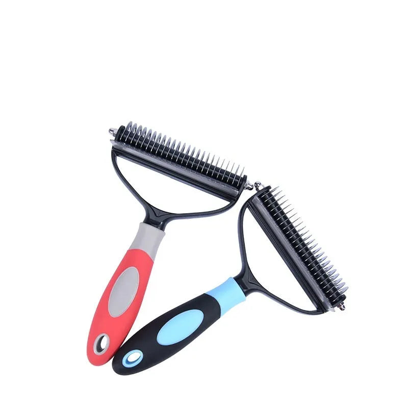 Dual purpose pet comb for dogs and cats, plastic construction, blue colour, large size, with comb teeth visible