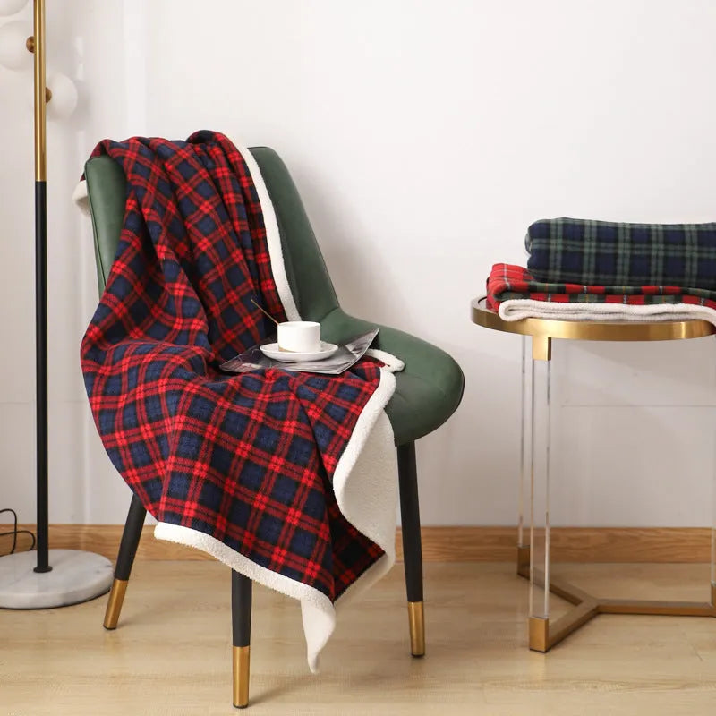 Nordic style geometric plaid blanket, polyester, 100cm x 140cm, red and blue colourway