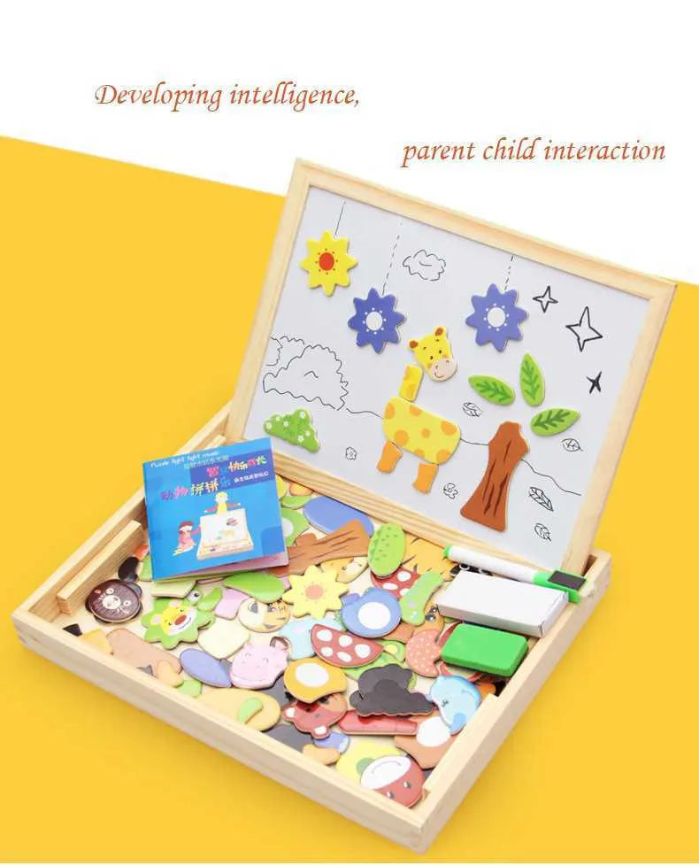 Wooden magnetic puzzle board with 100+ pieces including animal figures and drawing surface