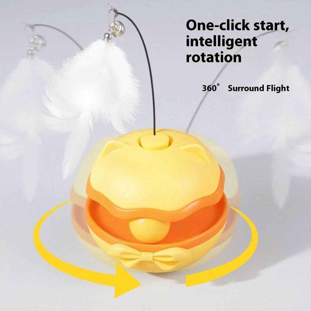 Electric self-propelled cat teaser tumbler toy in lemon yellow, sky blue, or soft fog grey.