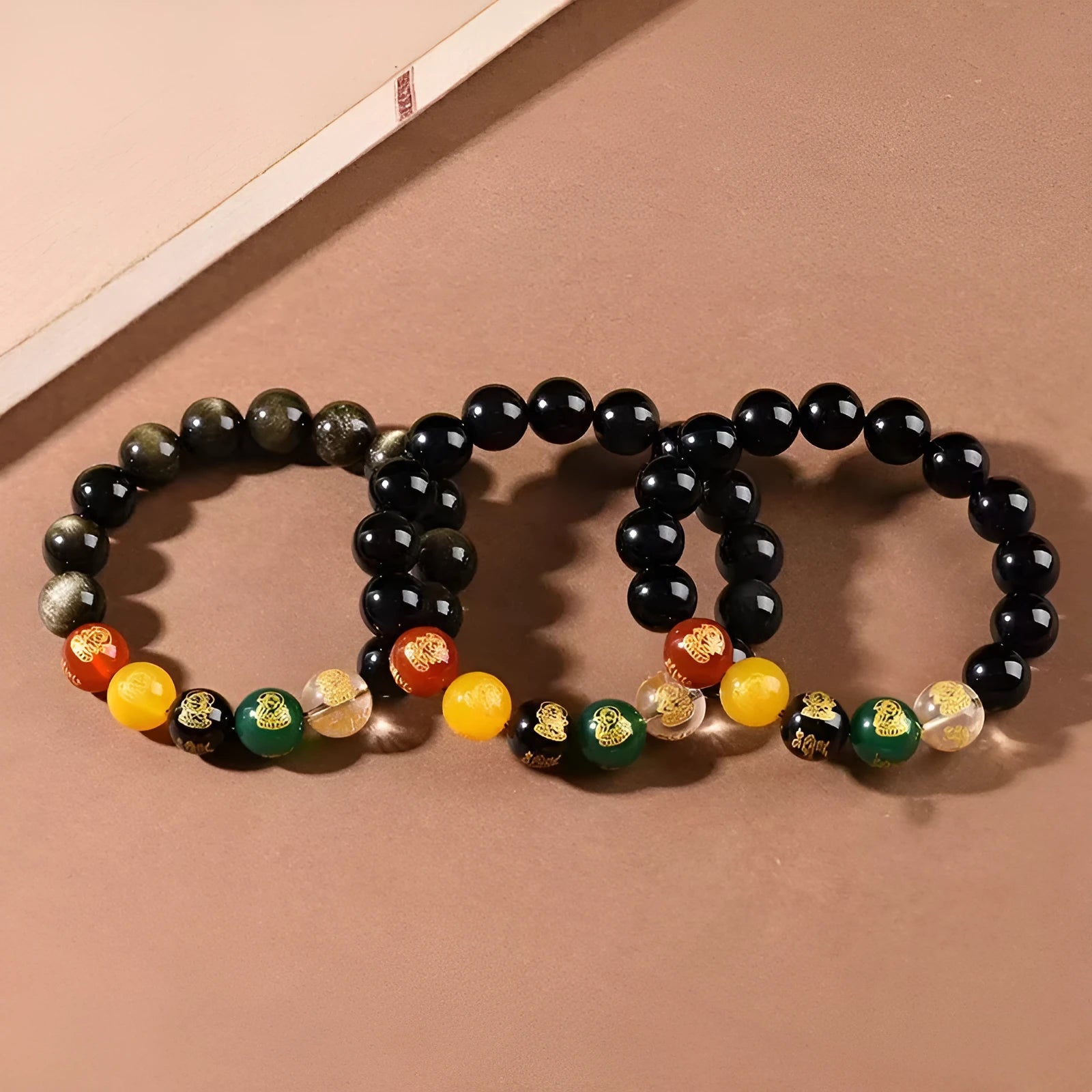 Men's single circle obsidian bracelet with five gods of wealth design, available in 8mm, 10mm, 12mm bead sizes.