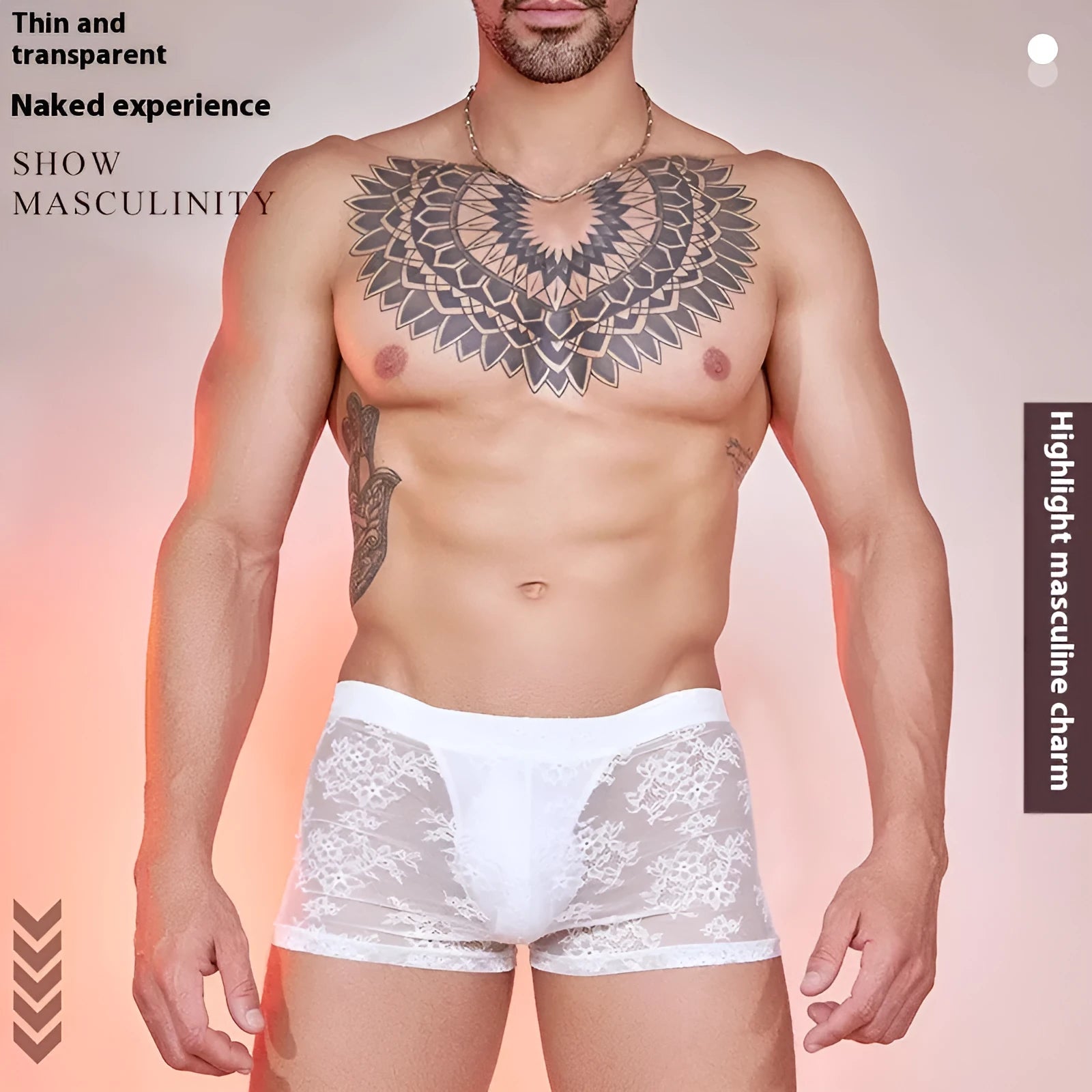 Men's black nylon lace boxers laid flat, showing free-size design and lace fabric detail.
