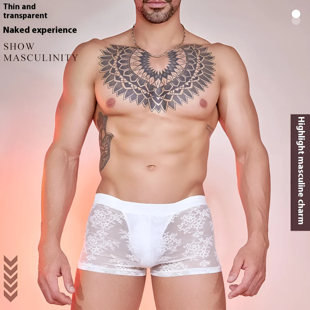 Men's black nylon boxer briefs with lace trim detail on a white background.