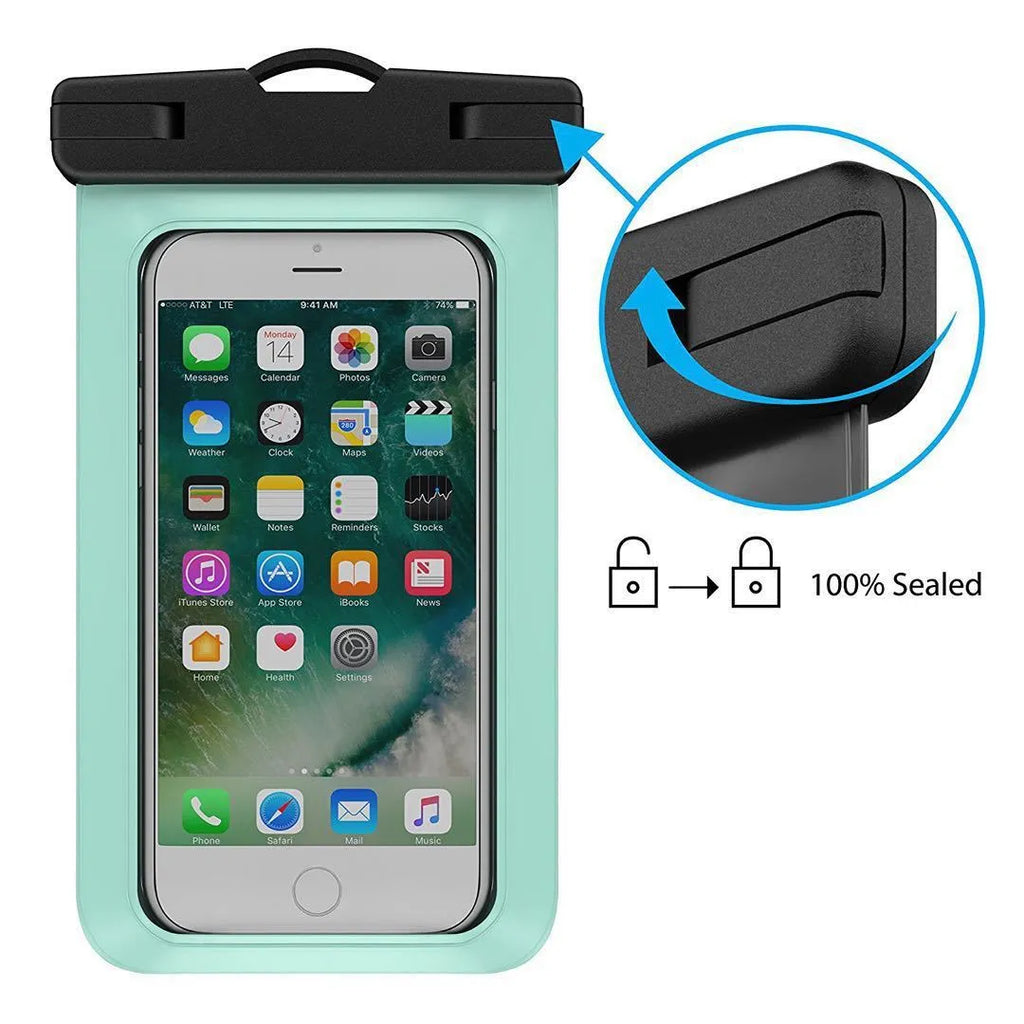 Waterproof mobile phone bag for diving and outdoor use, 21x10.7cm, fits 7-inch devices.