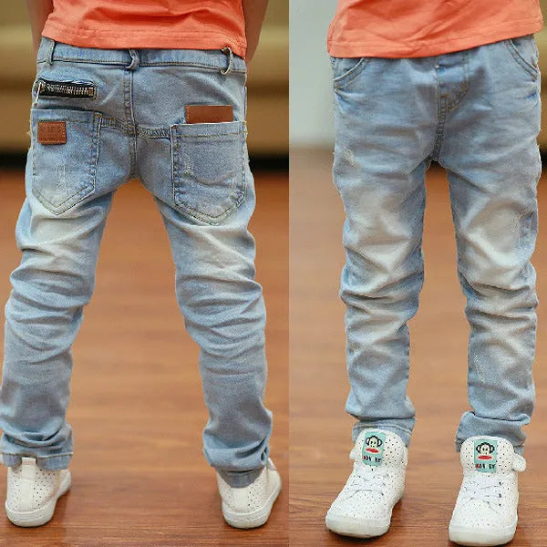 Boys casual denim harem pants with stripe pattern and elasticated waistband
