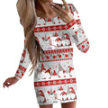Women's tight-fitting Christmas dress with floral print, round neck, long sleeves, and short hip skirt.