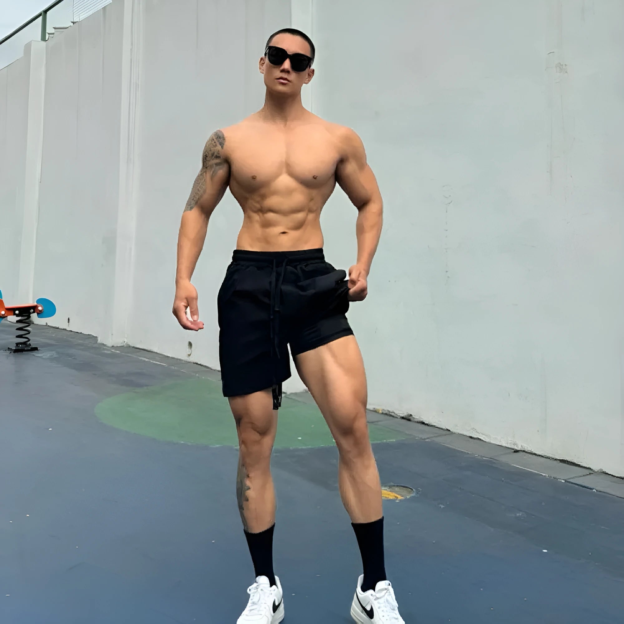 Men's ice silk quick-drying shorts in a quarter-length, casual style on a neutral background.